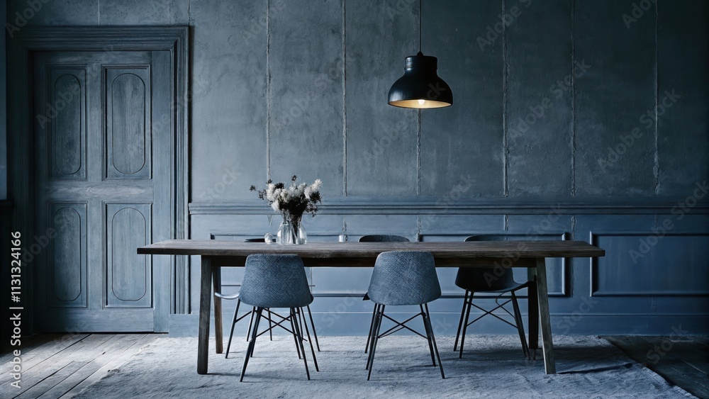 Aufkleber an inviting dining area with a long wooden table set for four. simple handcrafted chairs encircle th