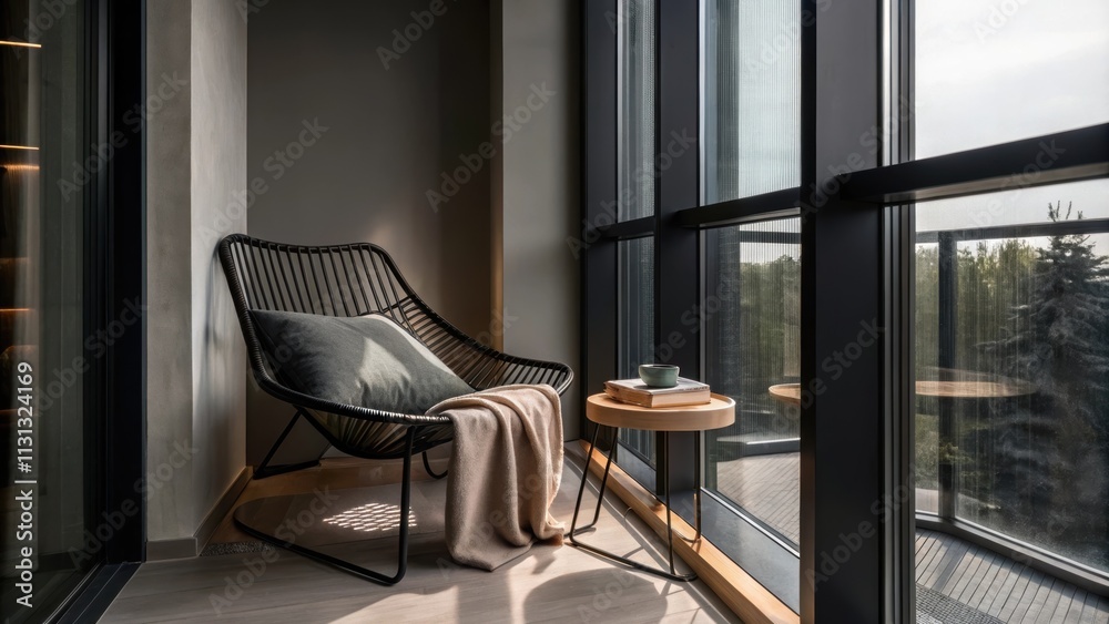 Poster A serene reading nook in a loft featuring a large floortoceiling window that floods the space with natural light. A modern black metal chair is paired with a lightweight wooden