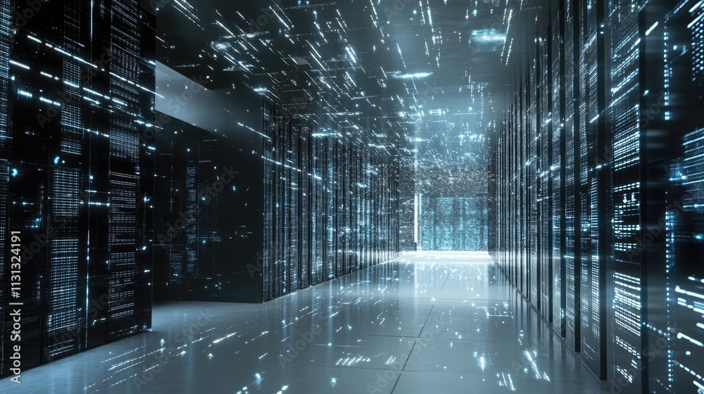 Aufkleber futuristic data center with illuminated digital network and data flow visualization