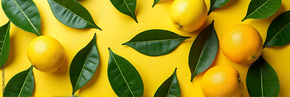 Poster A natural pattern featuring overlapping leaves from lemons and oranges forms a colorful background for flat lays of fresh produce._00002_