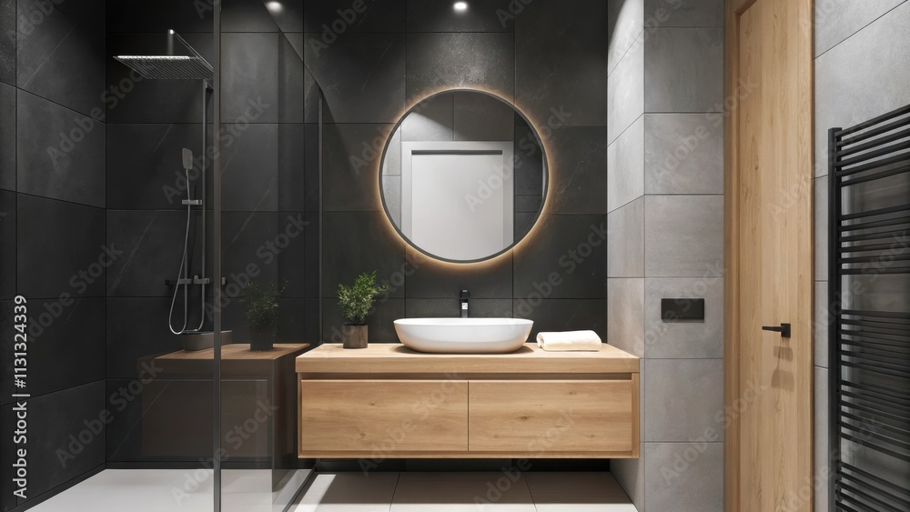 Poster A compact bathroom featuring a floating vanity with a vessel sink surrounded by neutral tiles. A frameless glass shower enclosure and a large round mirror enhance the feeling of