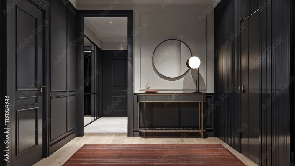 Poster An inviting entryway featuring a sleek console table with metallic accents a large round mirror and a minimalist coat rack punctuated by a bold area rug that adds texture and
