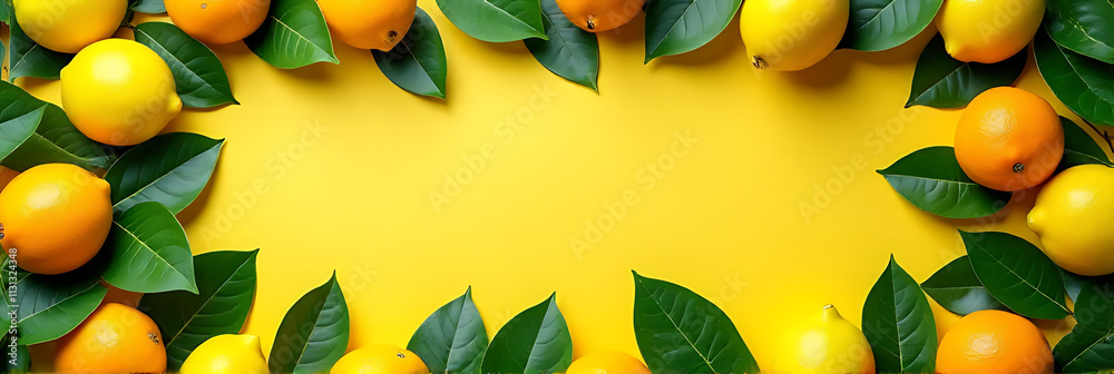 Poster A natural pattern featuring overlapping leaves from lemons and oranges forms a colorful background for flat lays of fresh produce._00003_