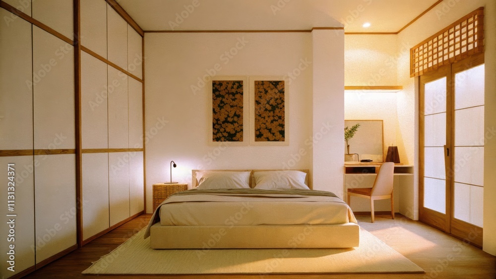 Poster A serene bedroom with a lowprofile platform bed dressed in soft neutral linens. The walls are adorned with abstract art and theres a compact workspace in the corner with a simple