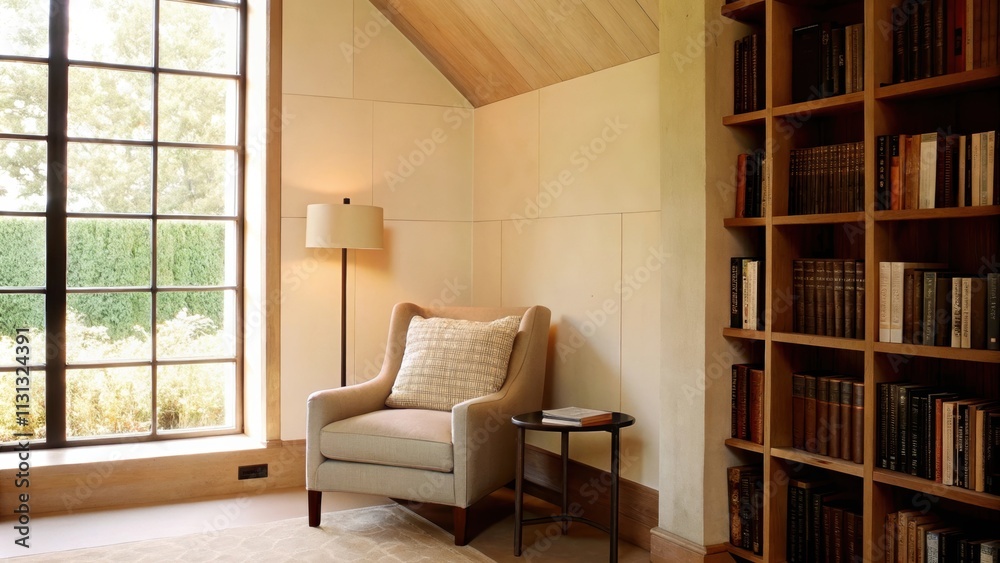 Aufkleber A cozy reading nook set in an alcove featuring a soft armchair and a small side table with a minimalist lamp. A bookshelf lines the wall and a large window offers a tranquil view