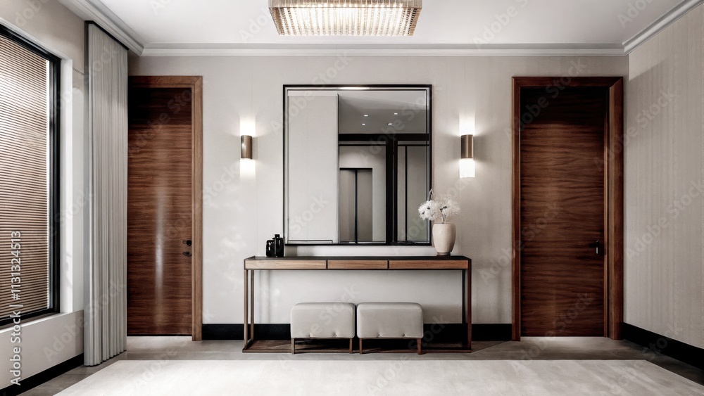 Poster a stylish entryway boasting a large wallmounted mirror reflecting soft light from a sleek overhead f