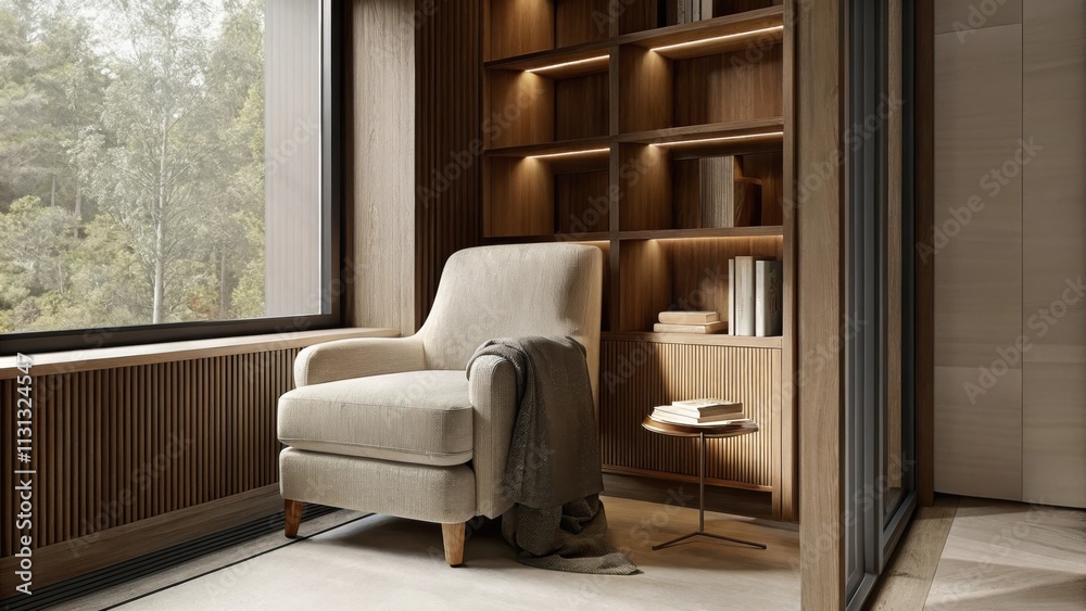 Leinwandbilder a tranquil reading nook featuring a plush oversized armchair near a tall bookshelf with warm wood ac