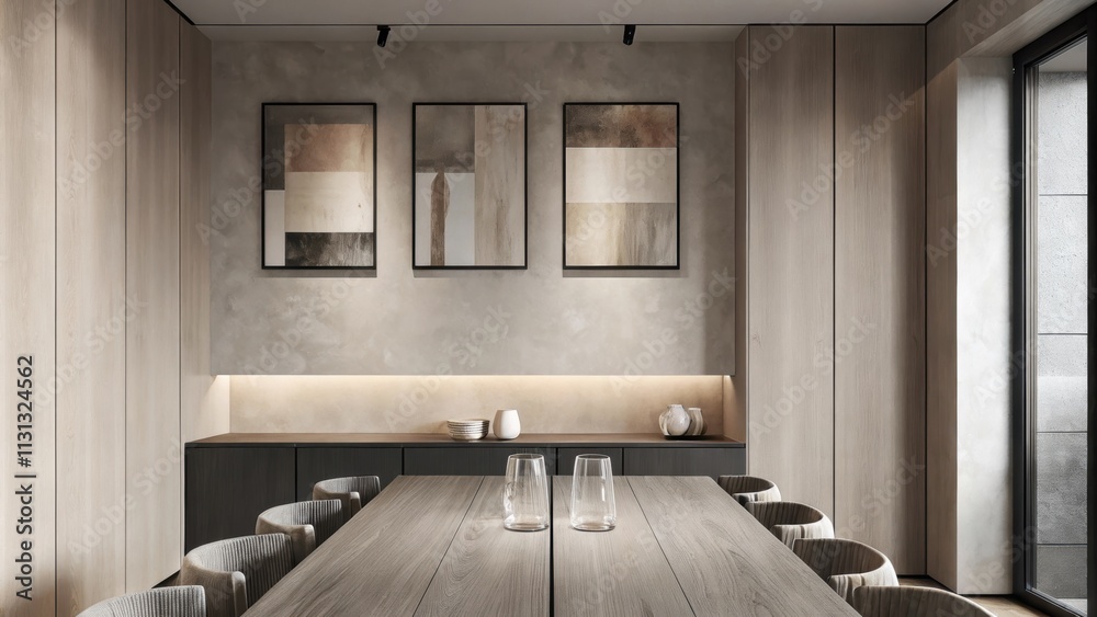 Poster An elegant dining area with taupe walls and a long dark wooden dining table set for six. The room is accented with pale stoneware and delicate glassware while muted artwork hangs