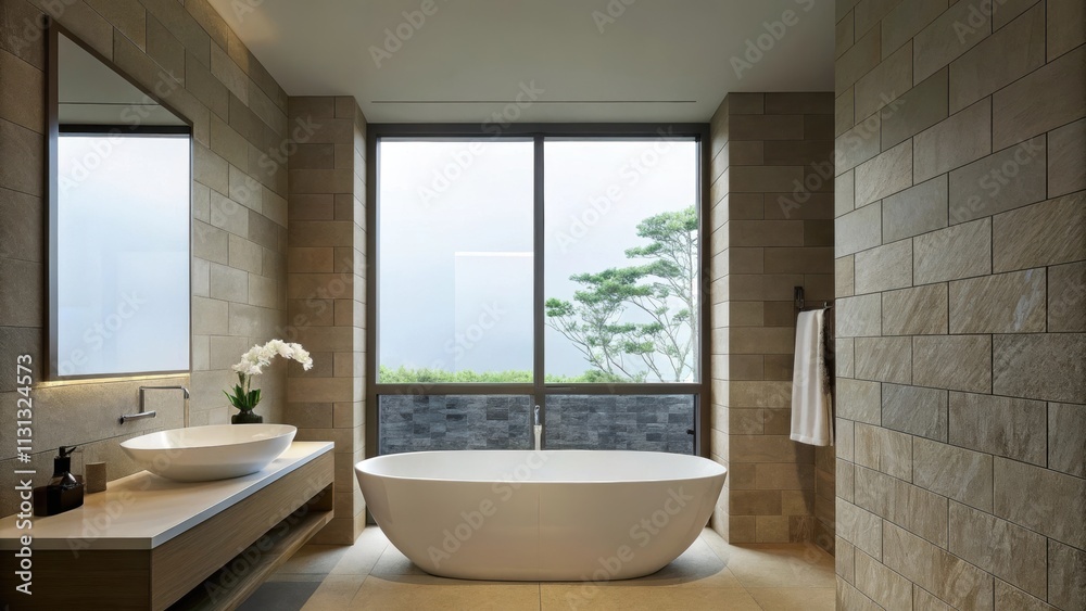 Poster a tranquil bathroom adorned with a freestanding soaking tub positioned near a floortoceiling window.