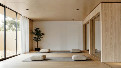 Fototapeta premium A bright yoga room featuring light wooden floors and minimalistic decor. Large floor cushions in soft fabrics invite relaxation while an indoor plant positioned in the corner adds