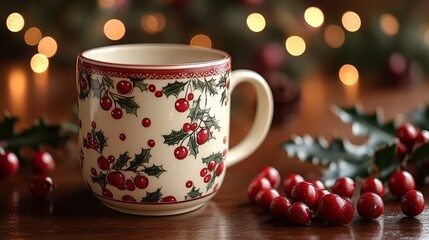 Fototapeta premium Festive holiday cup with berries and decorated background