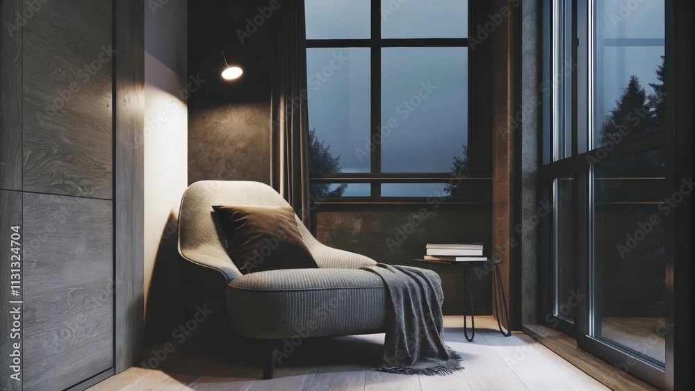 Poster A calming reading nook set next to a large window furnished with a single comfortable armchair and a small round side table topped with a book creating an inviting space for quiet