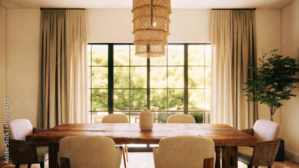 Poster A tranquil dining room with a large rustic wood dining table surrounded by mismatched chairs in earthy tones illuminated by a natural fiber chandelier and large windows offering a