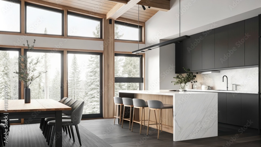 Aufkleber An openconcept kitchen and dining area with light wood cabinetry and a large island topped with smooth white stone complemented by sleek bar stools a rustic wooden dining table