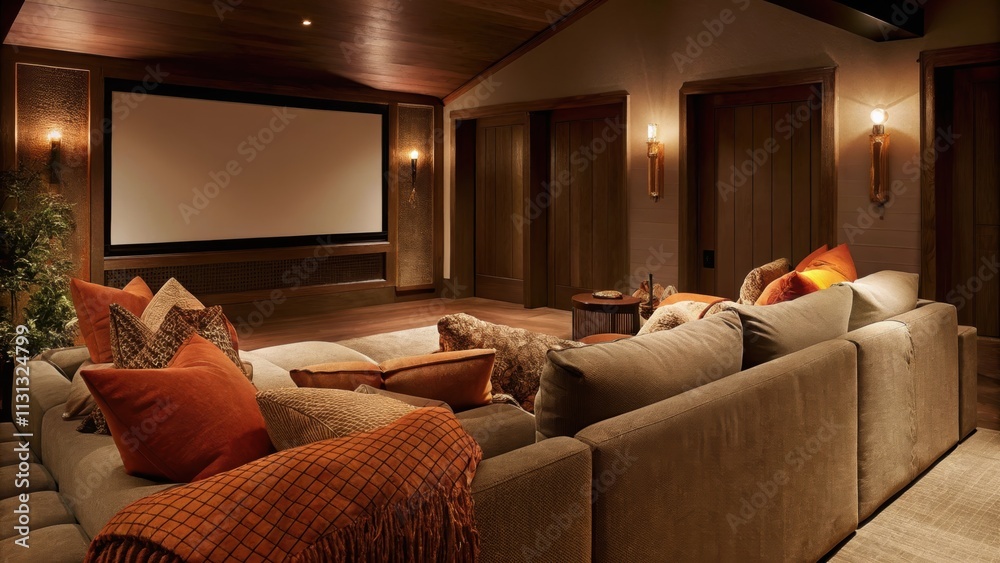 Poster an intimate home theater space features a plush oversized sectional with a mix of vibrant and neutra