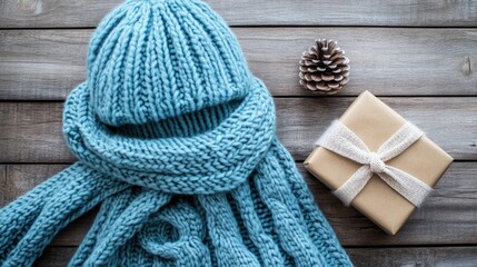 Fototapeta premium Warm woolen scarf and hat with wrapped gift box on rustic wooden surface Flat lay winter season concept
