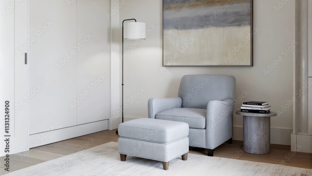 Aufkleber A calming reading nook nestled in a corner featuring a plush light gray armchair with a matching footstool. A small side table with a stack of books sits nearby illuminated by a