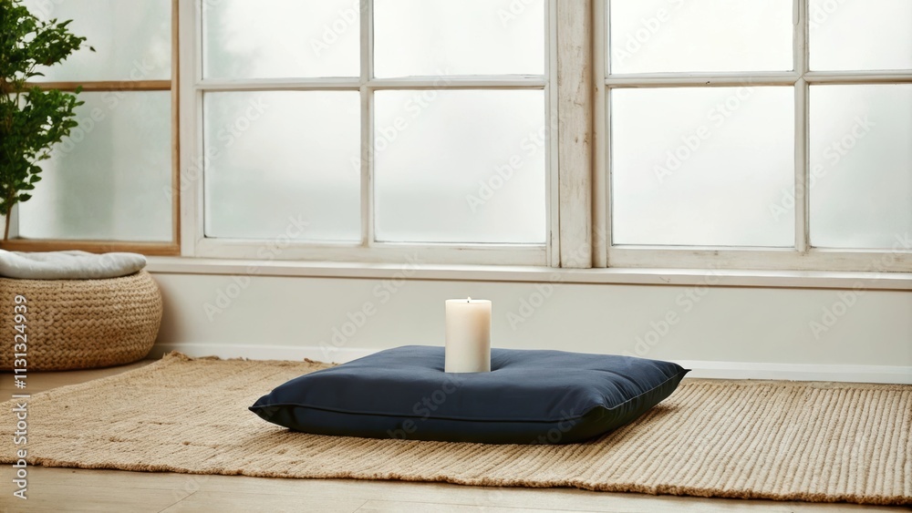 Poster a peaceful meditation area featuring a low cushion on a natural fiber mat surrounded by large window