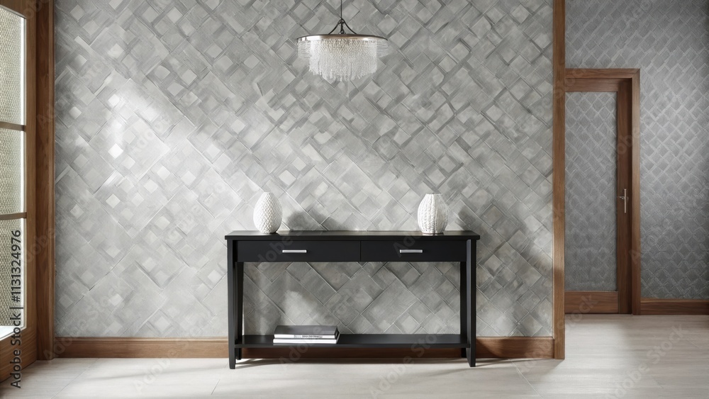 Aufkleber An entryway with a striking black console table adorned with white decorative objects set against a backdrop of textured gray wallpaper illuminated by a minimalist chandelier that