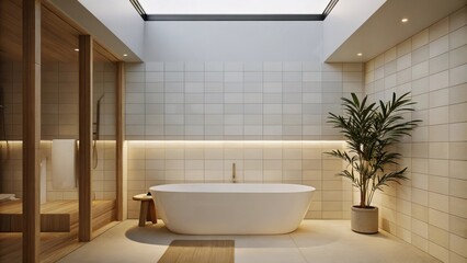 Fototapeta premium A modern bathroom featuring a freestanding tub against a wall of pale tile accented by a single leafy plant on the edge of the tub and soft diffuse lighting overhead.