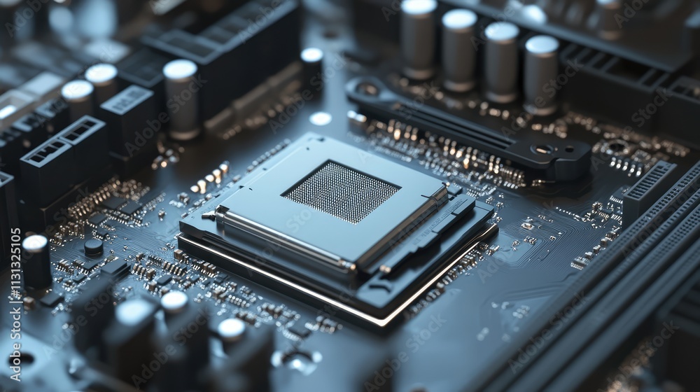 Poster close-up of a computer processor on a circuit board displaying intricate electronic components and c