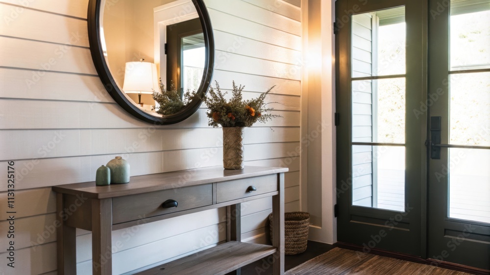 Poster a bright entryway with white shiplap walls and a console table in a light wood finish adorned with a