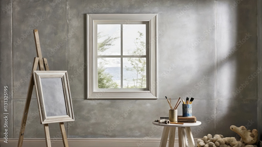 Poster A charming studio space with soft gray walls and an easel facing a window where natural light floods in. A small table holds jars of paint and brushes while a collection of