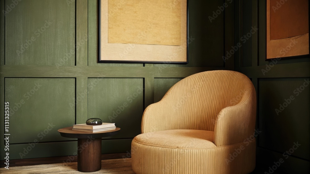 Poster a peaceful reading nook tucked in a corner showcasing an oversized chair with soft curves a round co
