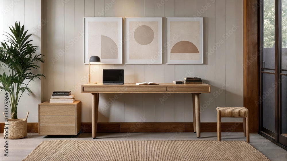 Aufkleber a stylish home office furnished with a large desk made of natural wood a comfortable jute rug underf