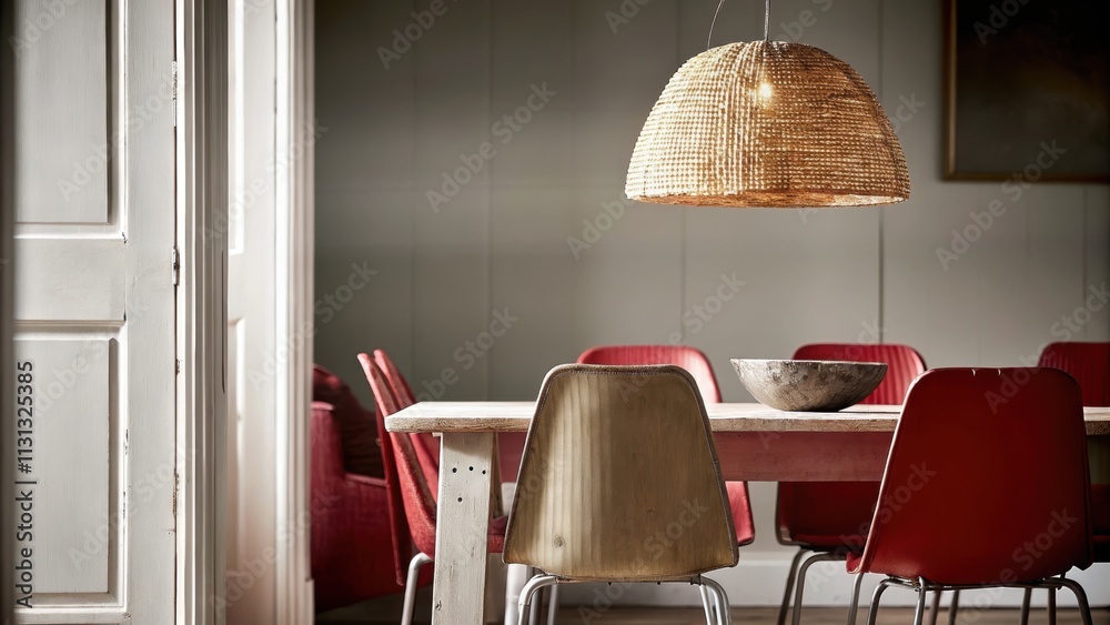 Poster An openconcept dining area with a large farmhouse table made of reclaimed wood surrounded by mismatched chairs a pendant light made of woven rattan and soft ambient lighting.