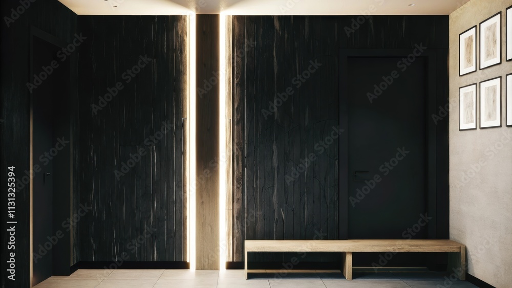 Poster A spacious hallway featuring a striking elongated sculpture made of metal positioned against a textured wall with soft LED lighting highlighting its contours and an unadorned