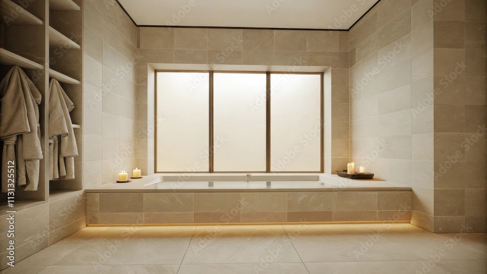 Poster a luxurious spalike retreat includes a soaking tub under a large frosted window surrounded by soft b