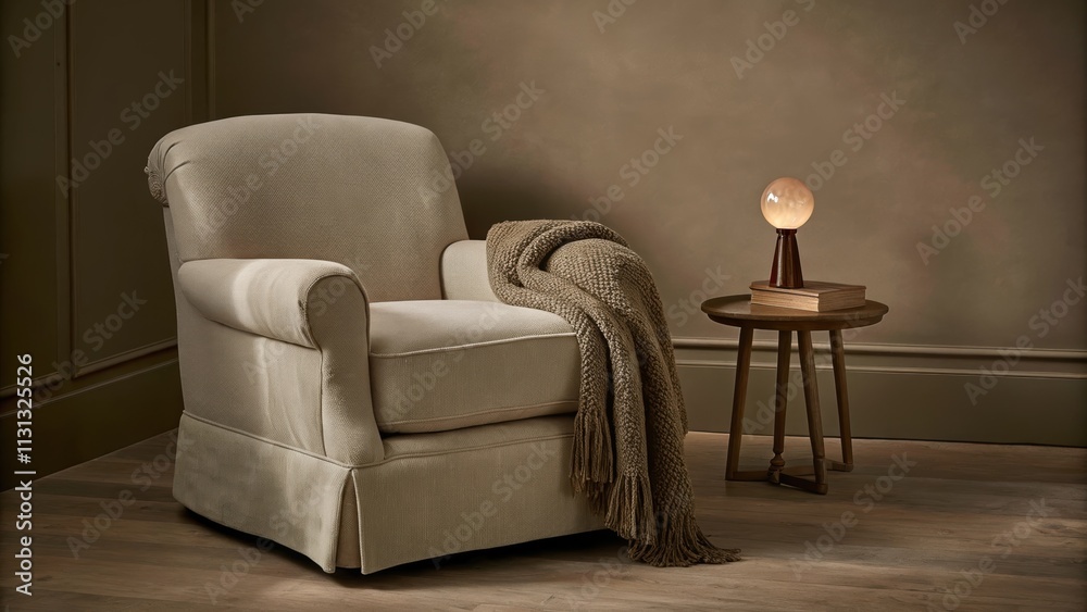 Poster a cozy reading nook featuring a plush light oatmeal armchair a knitted throw blanket draped casually