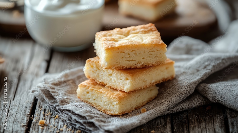 Aufkleber Delicious shortbread cookies stacked on a napkin with yogurt in the background on a rustic wooden table setting