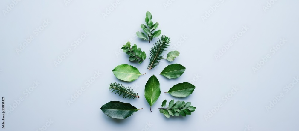 Poster christmas tree made of green leaves and branches arranged in a minimal flat lay design showcasing na