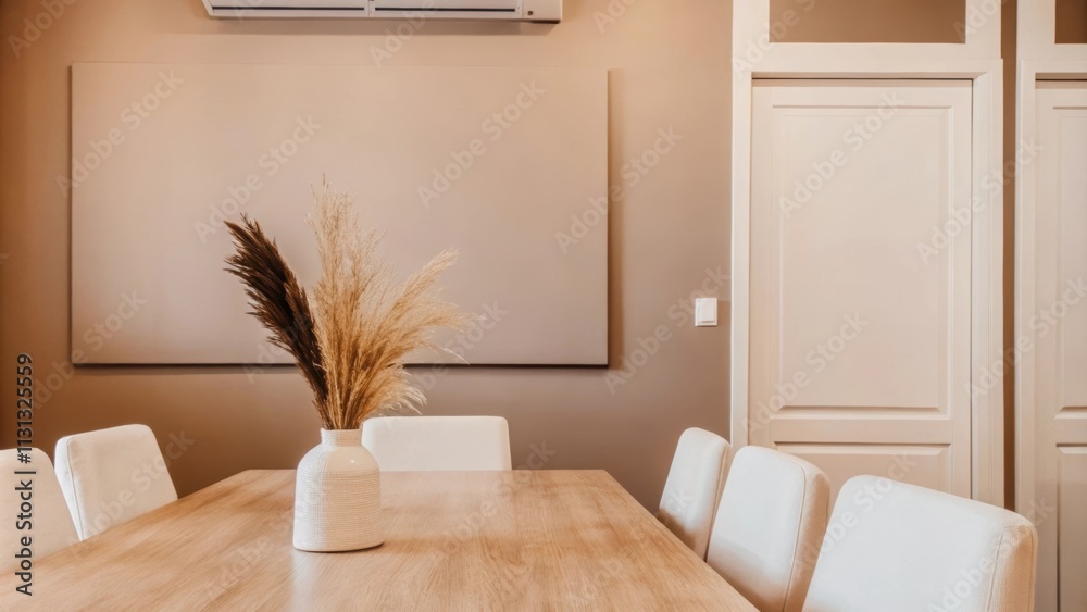 Poster A serene dining area with a smooth natural wood table surrounded by unadorned white chairs. The walls are painted a soft taupe complemented by a simple vase of dried grasses on the