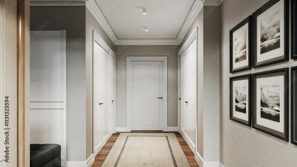 Poster an understated hallway with soft cream walls a narrow runner rug made of delicate fibers and large f