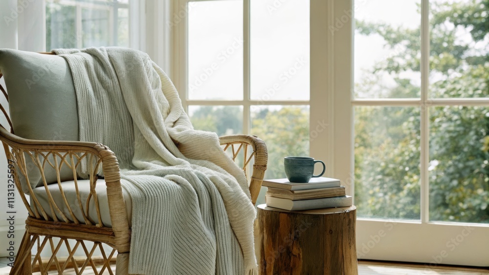 Poster A tranquil reading nook featuring a large window with a view of nature a rattan armchair draped with a soft cotton blanket and a wooden side table holding a ceramic mug and a stack