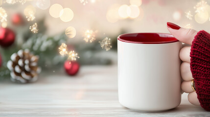A white coffee mug with red inside held by feminine hands with painted red nails. There are festive holiday elements. 