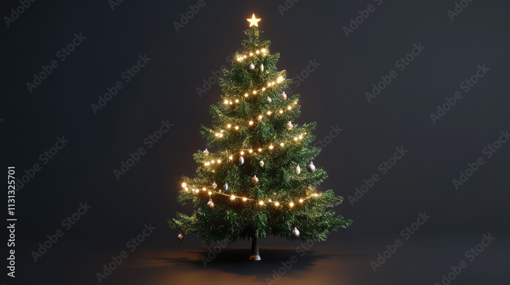 Poster festively decorated christmas tree with warm lights and ornaments against a dark background creating