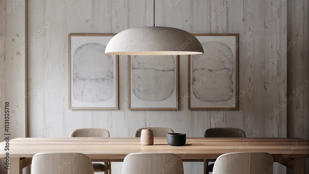 Poster A tranquil dining area displays a solid oak table surrounded by elegantly simple chairs with soft rounded edges. A large matte surface pendant light hangs above illuminating a