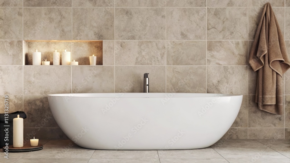 Poster a sophisticated bathroom with a freestanding soaking tub set against soft alabaster tiles. simple ye
