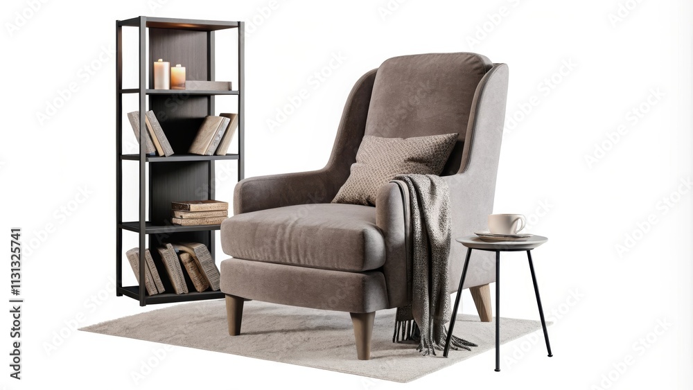 Leinwandbilder a peaceful reading nook displays a deeply cushioned armchair in muted fabric positioned beside a sli