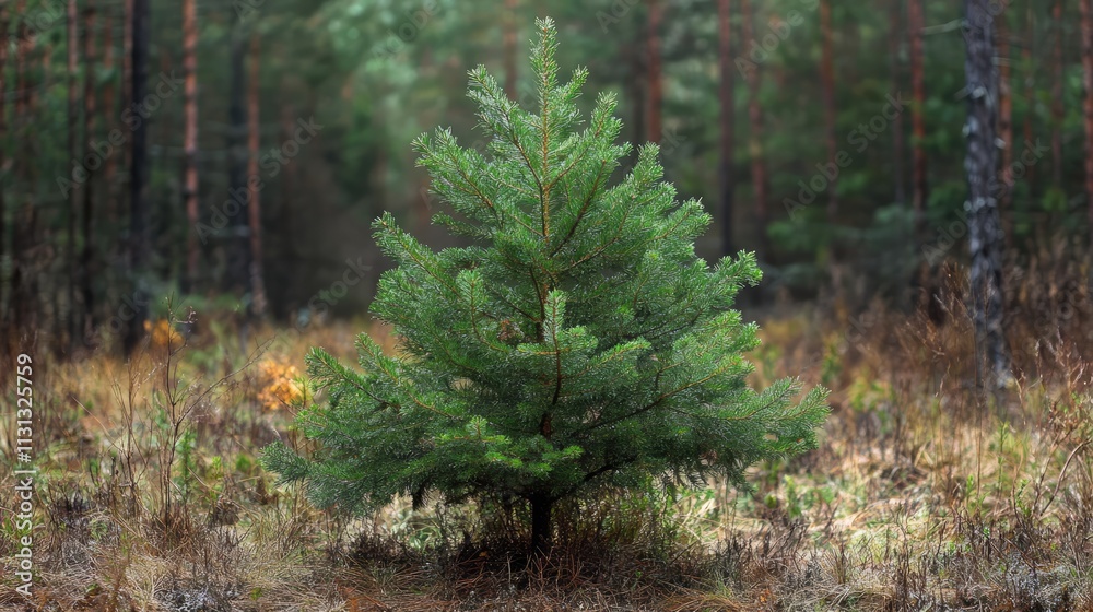 Poster natural christmas tree among fir branches in a serene forest setting with soft lighting and autumn f