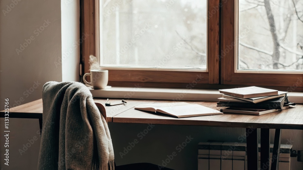 Fototapete a cozy home office with a sy wooden desk cluttered with notebooks and a steaming cup of tea a comfy 