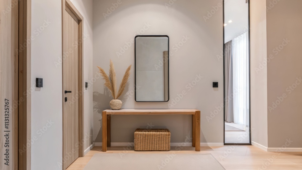 Poster a refined entryway features a simple console table in natural wood adorned with a lone vase showcasi