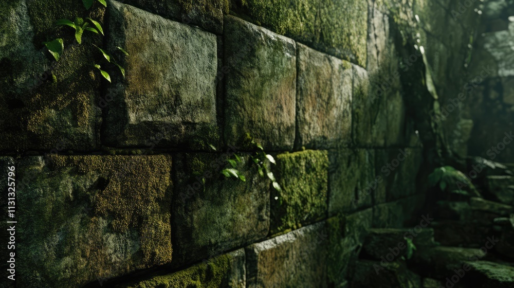 Poster close up of ancient stone wall covered in lush green moss and ivy creating a serene and natural atmo