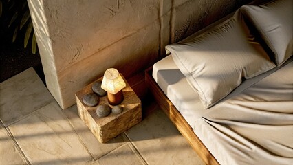 A serene bedroom with a lowprofile bed draped in unrefined linen bedding sits against a backdrop of uneven textured walls. A single aged wooden bedside table holds a chipped