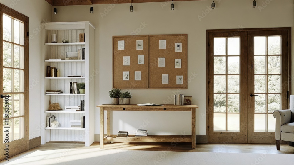 Poster a home office with a rustic wooden desk and a large cork bulletin board filled with inspiration. nat