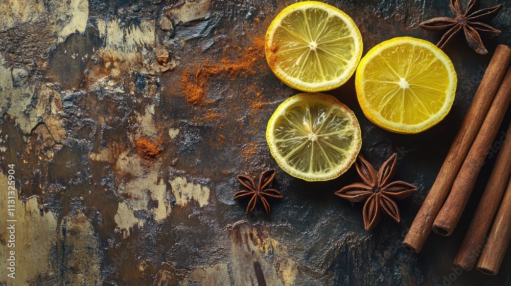 Poster Festive Christmas tea with lemon slices and aromatic spices like cinnamon and star anise on a rustic wooden background
